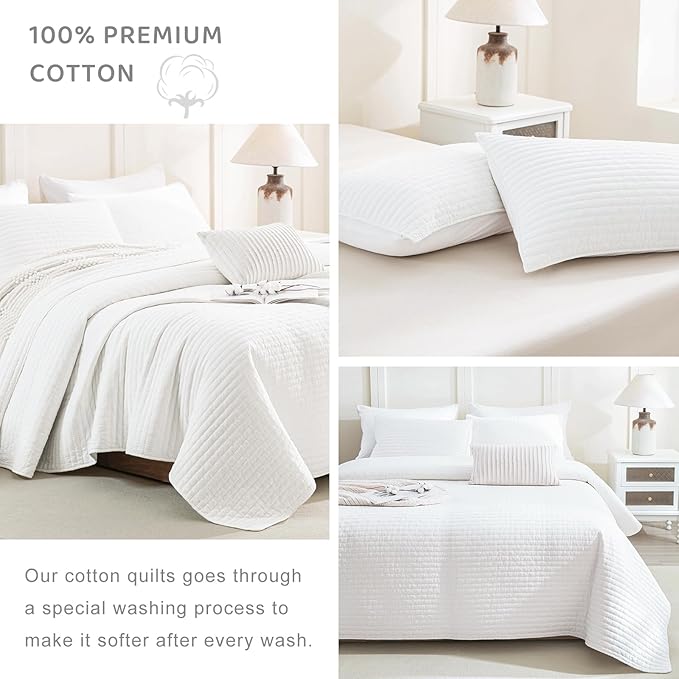 Sanracie Cotton Queen Quilt Bedding Set(90"x98") ，Ultra Soft Stonewashed Milk White Bedspread Coverlet Cross Stitch Pattern Lightweight Crinkle Quilted Bedspread Set 3Pcs for All Season