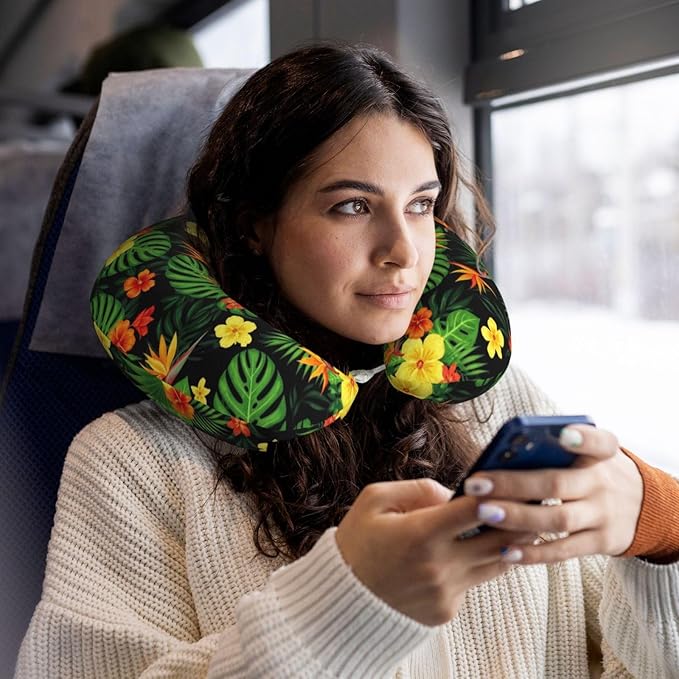 Support Neck Pillow for Youth Travel, Washable Airplane Chin Supporting and Relax U Shaped Pillows Tropical Hawaiian Hibiscus Flowers