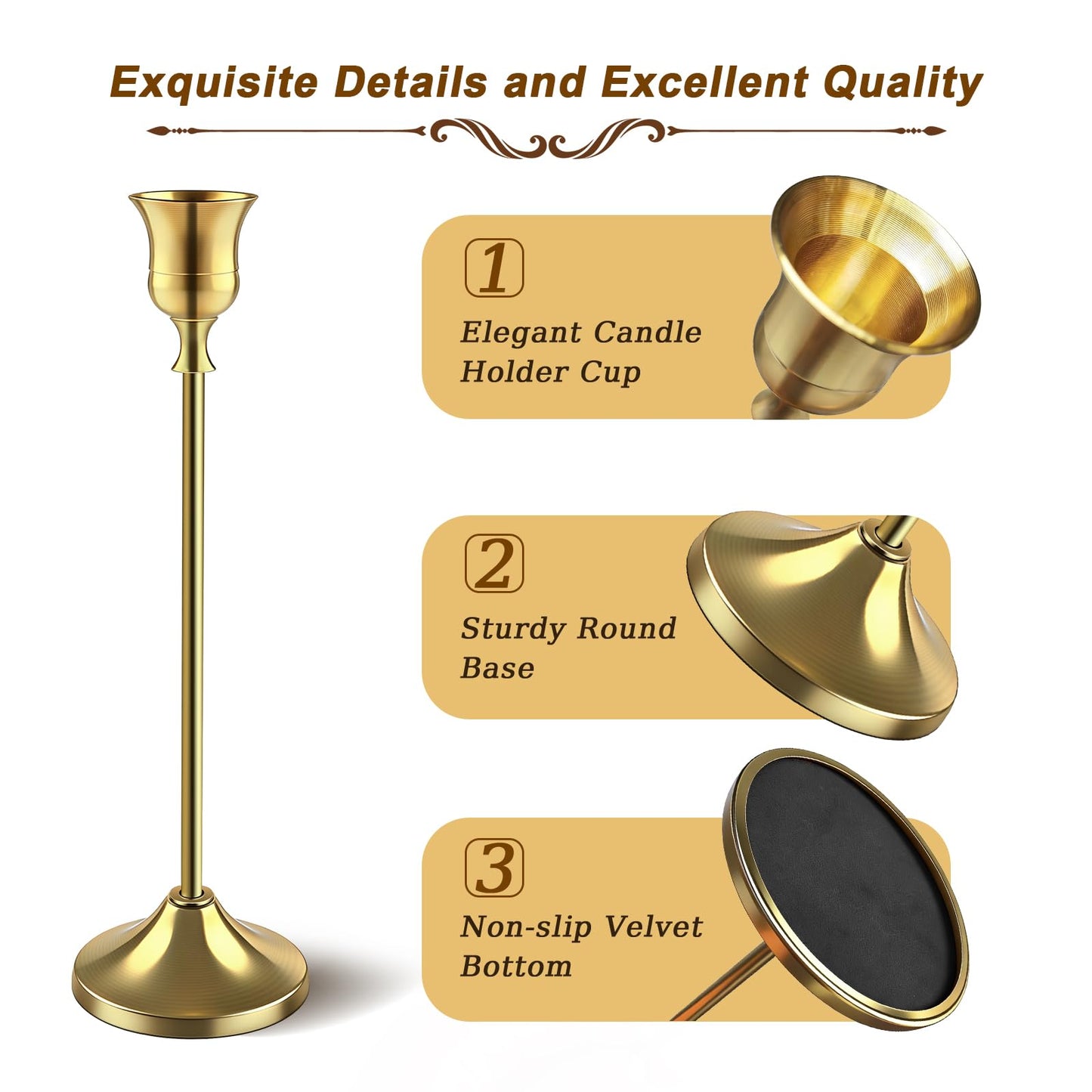 12 PCS (4 Sets) Brass Gold Taper Candlestick Holders - Vintage Metal Candle Sticks