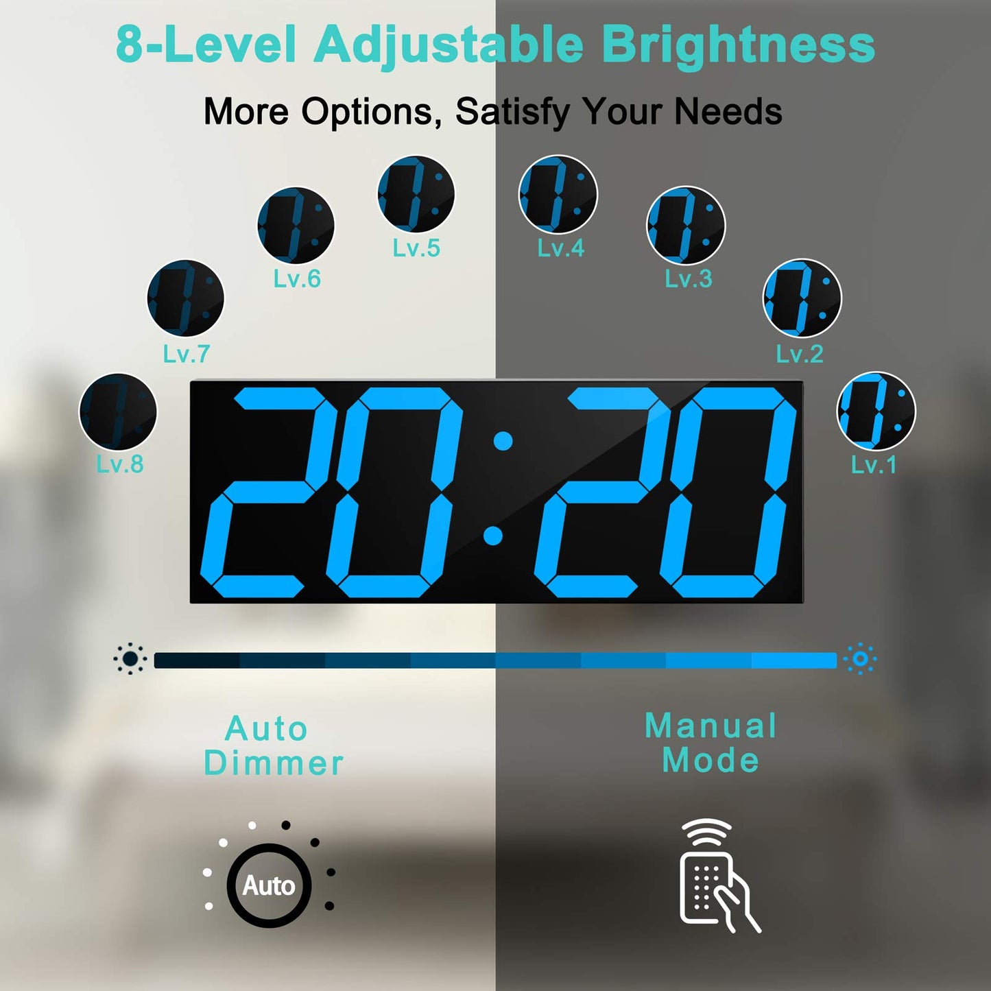 CHKOSDA LED Large Digital Wall Clock, Oversize Wall Clock with 6” Numbers, Remote Control Count up/Countdown Timer Clock, Auto Dimmer, Big Calendar and Thermometer(Ice Blue)