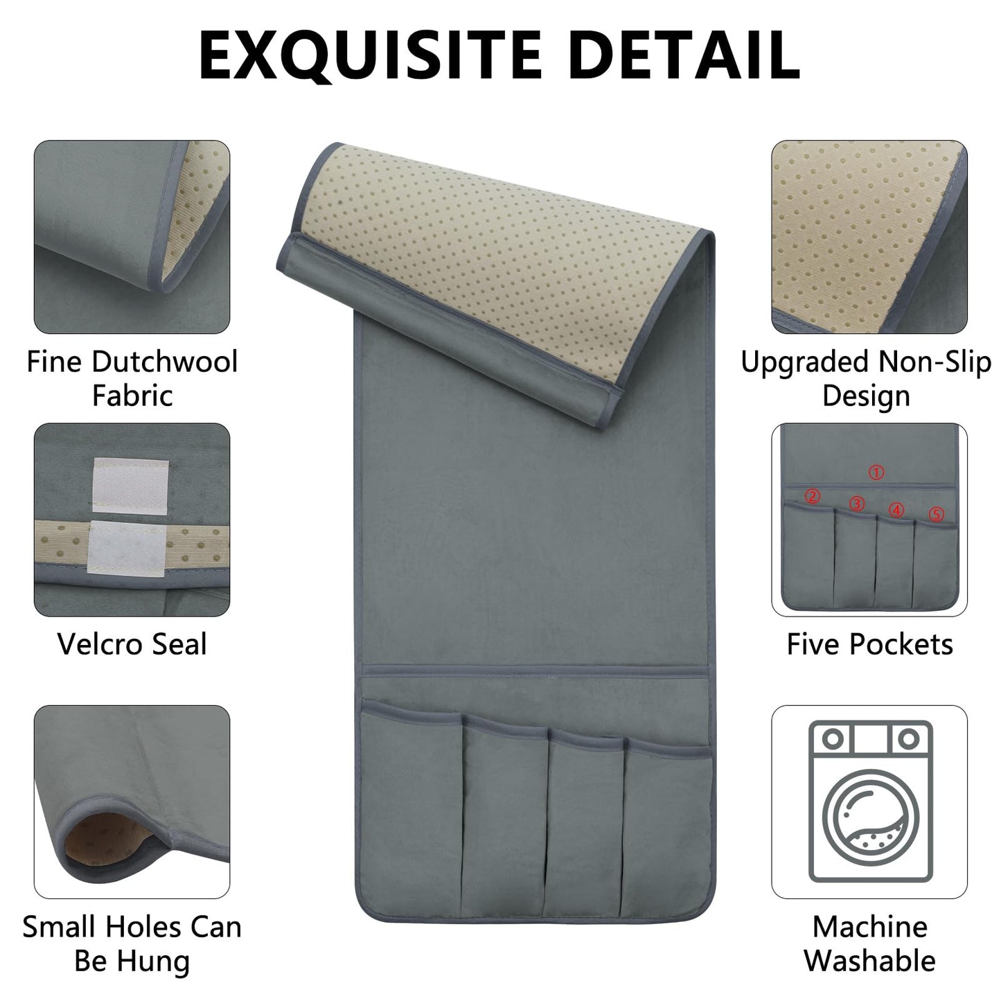 WETRBWEH TV Remote Control Holder Couch Caddy, Non-slip Bedside Caddy Organizer with 5 Pockets for Key Glasses Phone Magazine Holders (Gray, 35"x12.4")