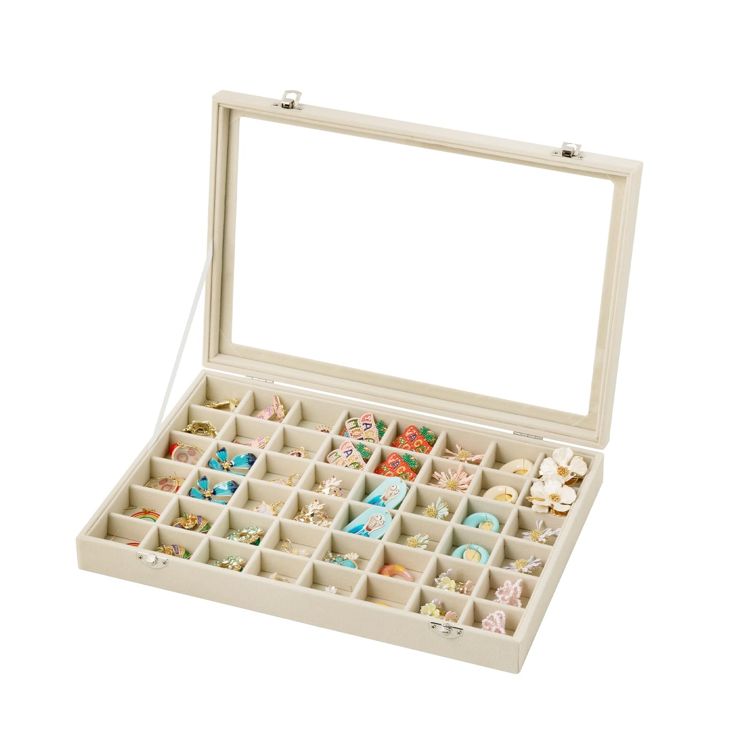 Frebeauty 48 Grid Jewelry Tray,Adjustable Earring Holder Organizer with Glass Lid,Velvet Drawer Jewelry Organizer for Rings,Studs,13.8 x 9.5 x 2 Inches Jewelry Display Box,Gift for Women(Beige)
