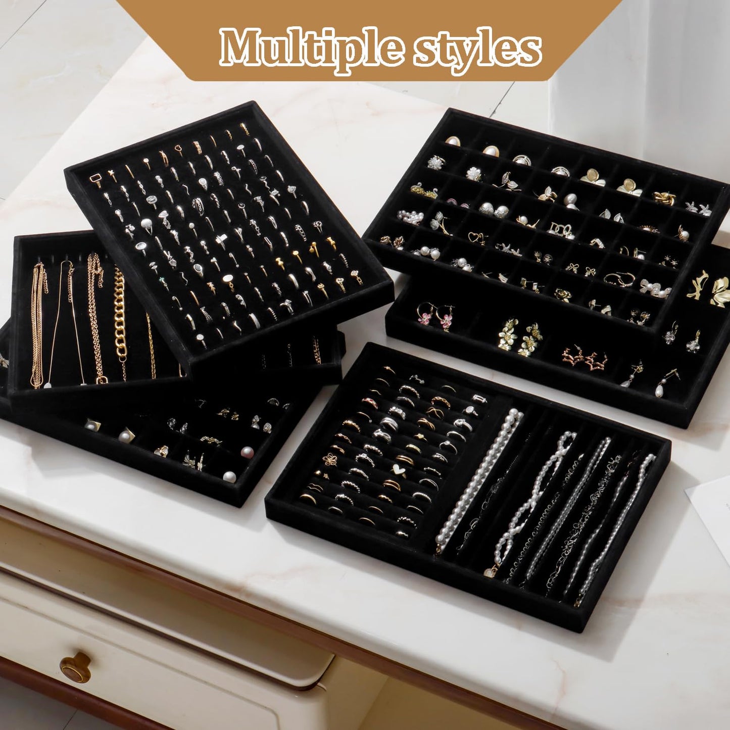 KATISYIO Large Jewelry Organizer for Drawer Insert Velvet Stackable Jewelry Trays for Earring Necklace Bracelet Ring Display (Black, 16 Grids)