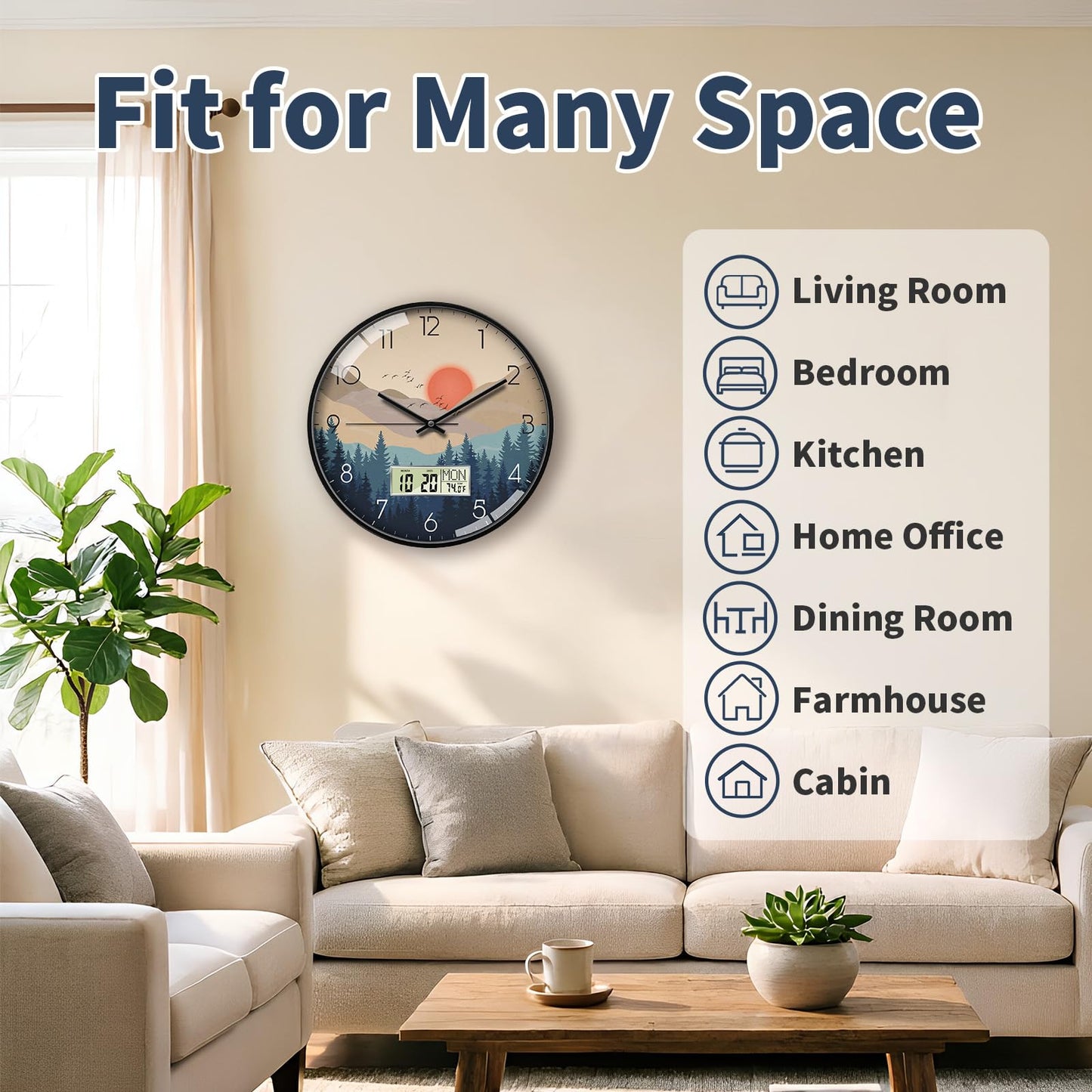 SCOAGE Wilderness Sunset Wall Clock, 12 Inch Silent Non-Ticking Battery Operated Analog Clock with LCD Date Day Temp Display, Decorative for Living Room, Bedroom, Kitchen, Office, Farmhouse, Cabin