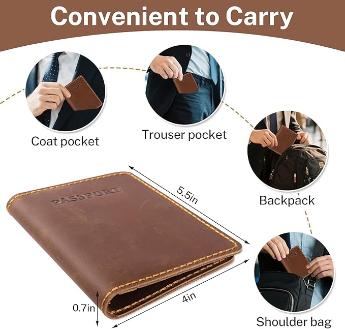 Genuine Leather Passport Holder for Travel,RFID Blocking Passport Cover, Men Passport Wallet, Folding Passport Clip with One Pocket, Two Card Slots, And One Passport Pocket(Bourbon Brown)