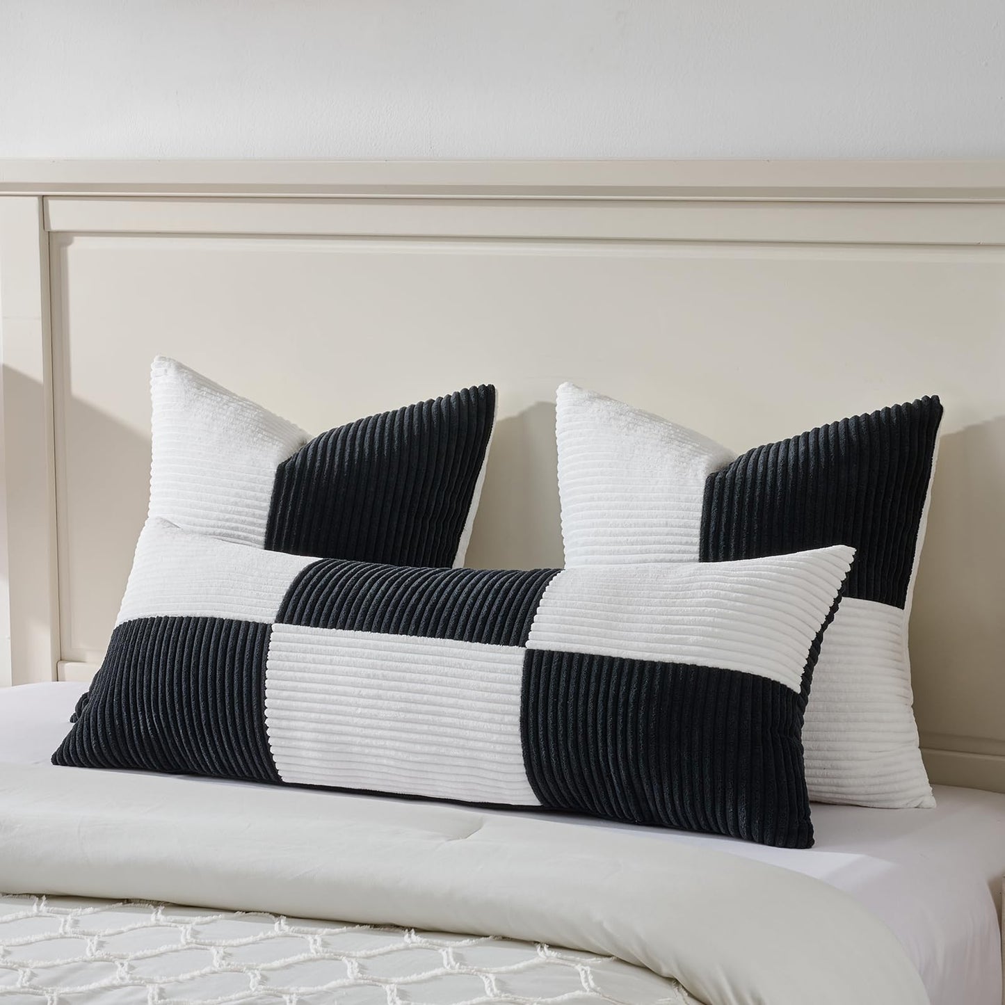 Fancy Homi Set of 2 Black White Decorative Throw Pillow Covers 20x20 Inch for Living Room Couch Bed Sofa, Farmhouse Boho Home Decor, Soft Cross Corduroy Patchwork Accent Square Cushion Case 50x50 cm
