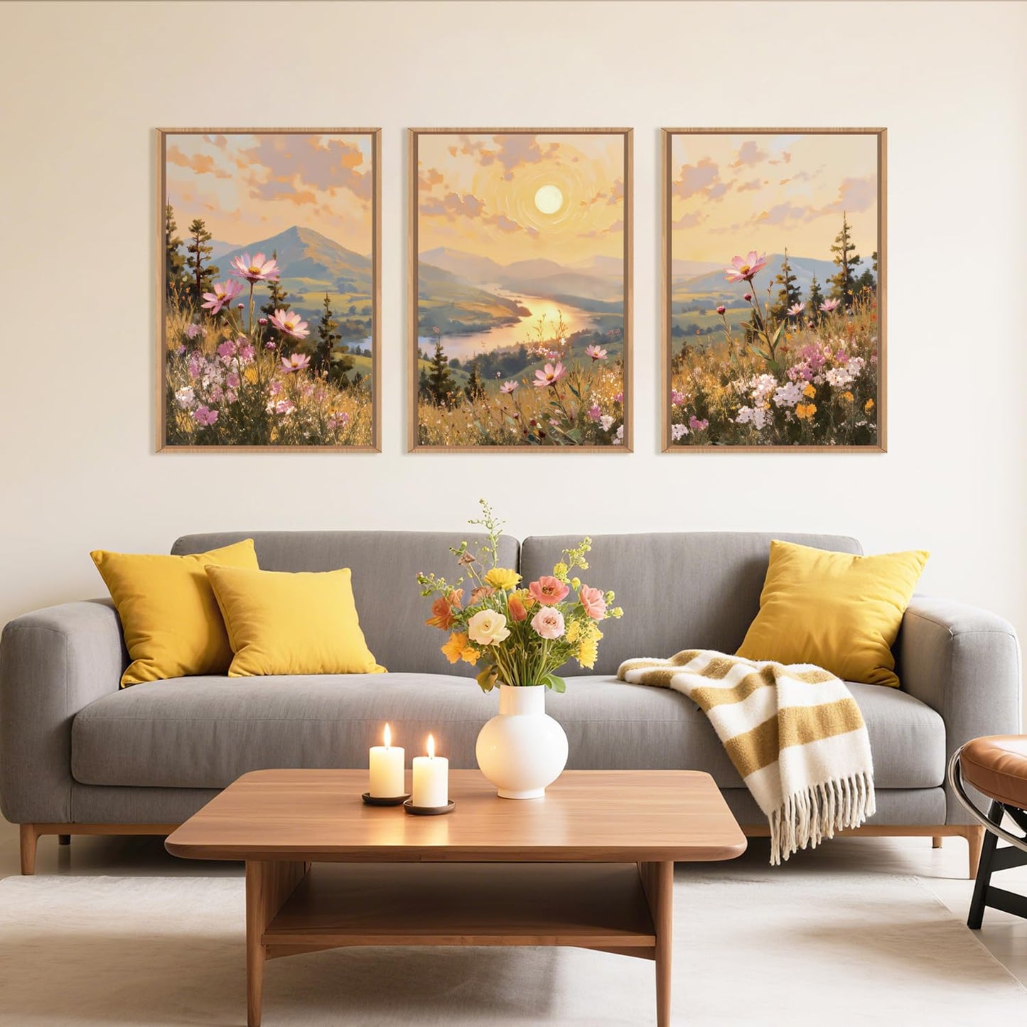 LHIUEM Large Boho Sunset Wildflower Framed Canvas Wall Art,Nature Pink Flower Wall Decor,Blossom Botanical Mountain Landscape Artwork for Living Room,Bedroom,Dining Room,Office -16"x24"x3