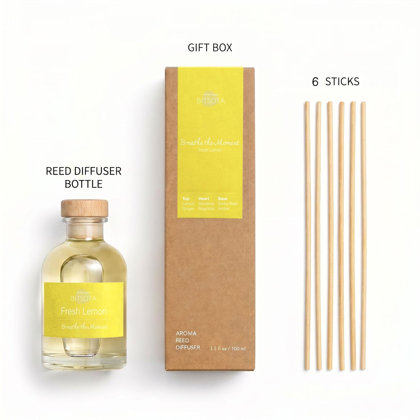 BITSOTA Natural Reed Diffuser Set, Fresh Lemon 3.52 oz (100ml) Scented Diffuser with Sticks Home Fragrance Reed Diffuser for Bathroom Shelf Decor, Ideal Gift for Woman