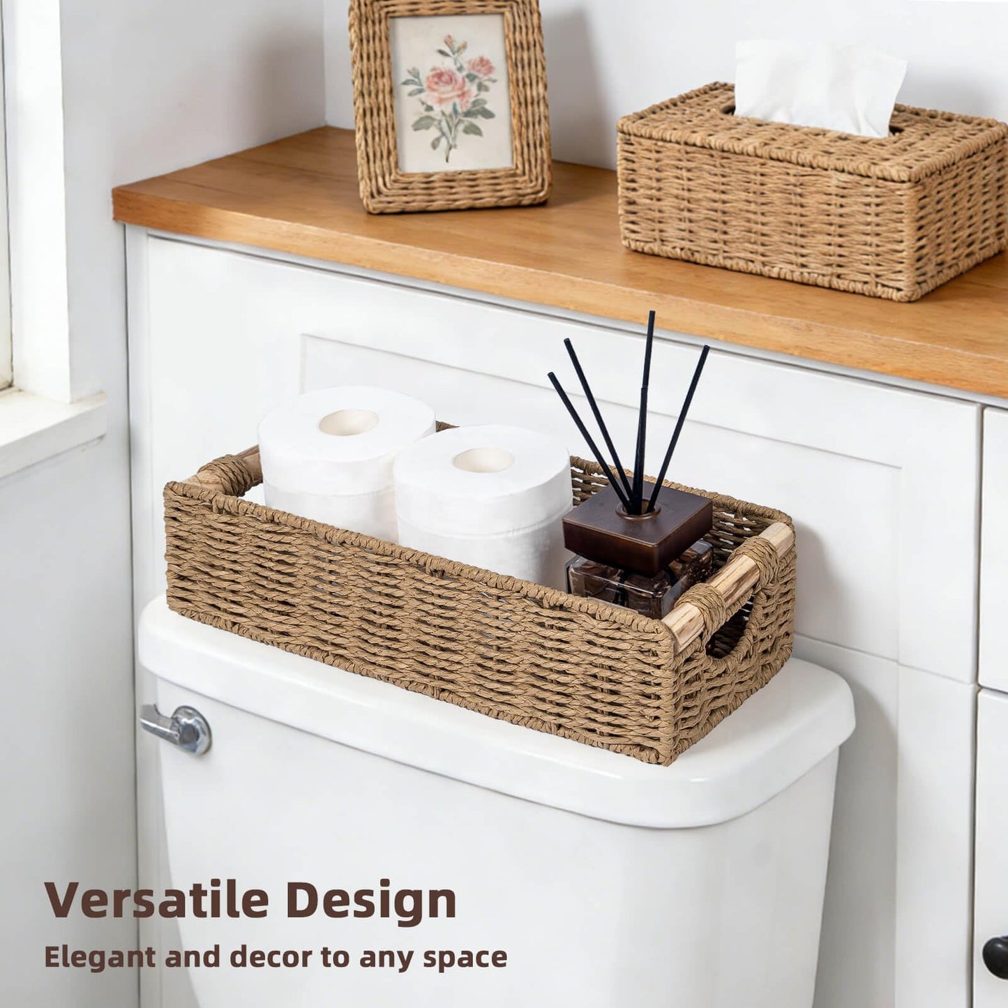 CubesLand Back of Toilet Storage Basket for Organizing w/Cut Out Handle, Handwoven Toilet Tank Top Paper Baskets, Wicker Decorative Basket for Countertop, Home Decor, Living Room, Nursery, Neutral
