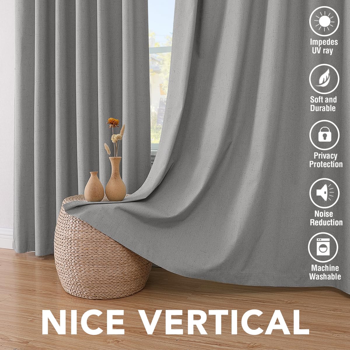 H.VERSAILTEX Primitive Linen Curtains 100% Blackout Curtain Drapes Burlap Curtains with White Thermal Insulated Liner, Grommet Top Drapes Living Room/Bedroom (2 Panels, 42 x 54 Inch, Dove Gray)