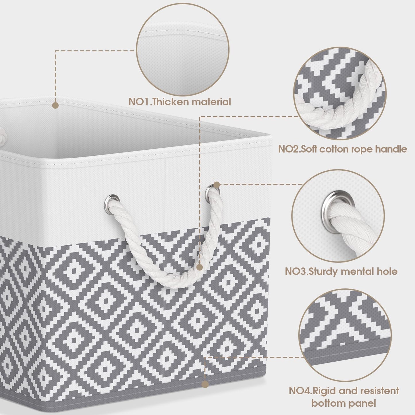 StorageTastic Storage Bins, 3-Pack Large Storage Box with Rope Handles, Collapsible Storage Basket for Organizing Books, Clothes, Rhombic Grey