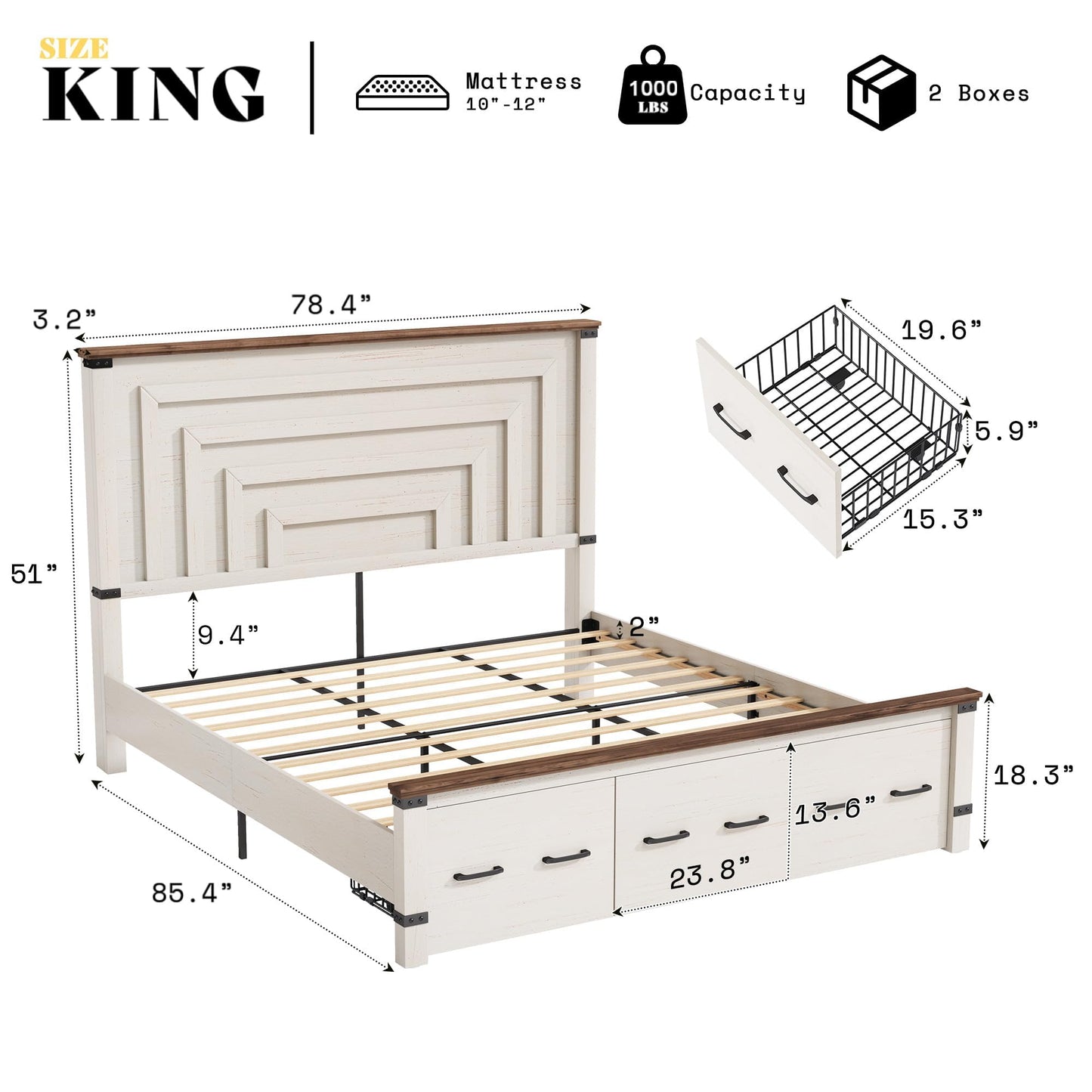 AMERLIFE 5-Piece Farmhouse Bedroom Set, Rustic Wood King Bed Frame with 51" Tall Headboard, 6-Drawer Dresser, 5-Drawer Tall Chest, Nightstands Set of 2 with Charging Station, White