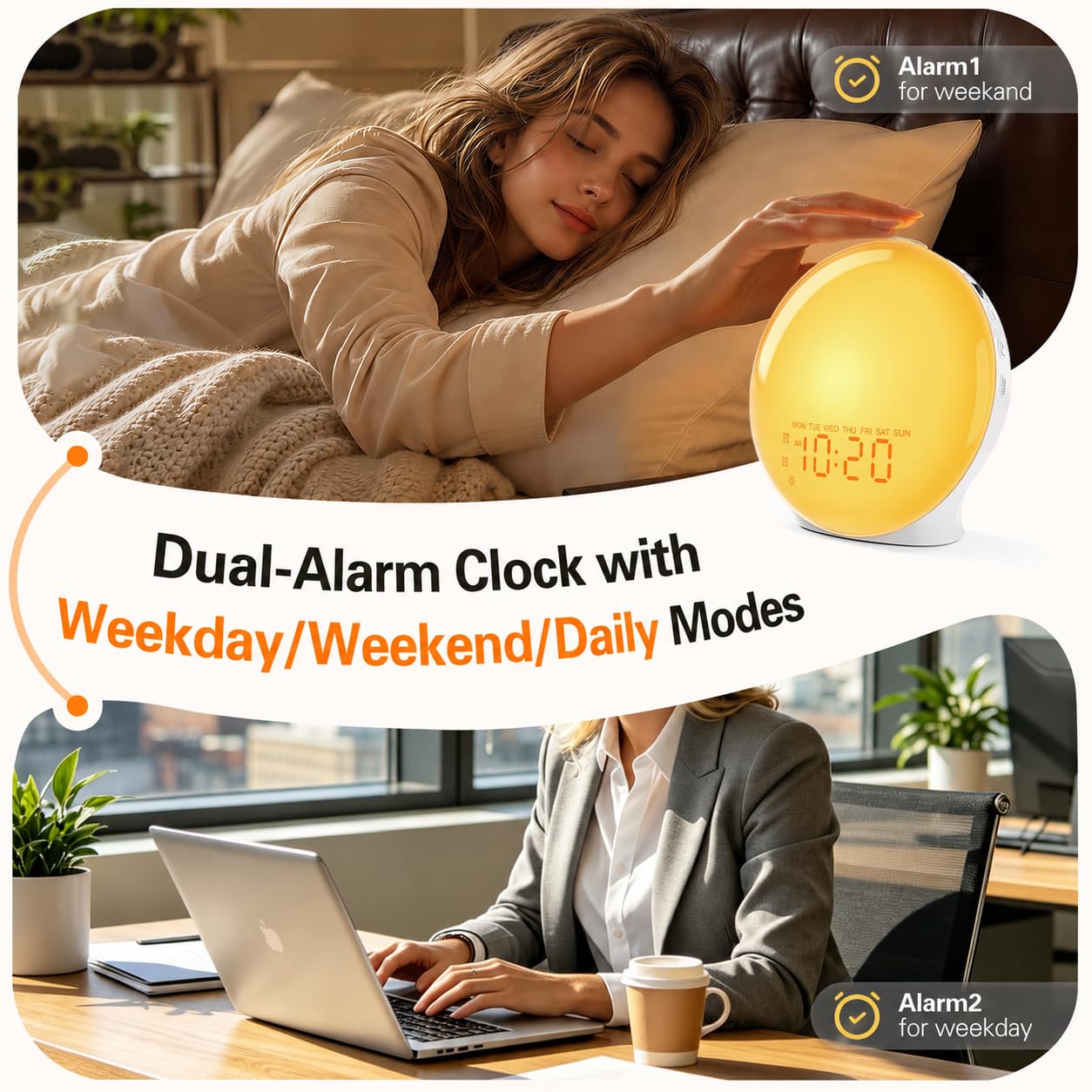 JALL Full-Screen Wake Up Light Sunrise Alarm Clocks for Bedrooms, White Noise Machine for Heavy Sleepers, 25 Natural Sounds, Dual Alarms, FM Radio, 17 Dimmable Colors, Bluetooth Speaker