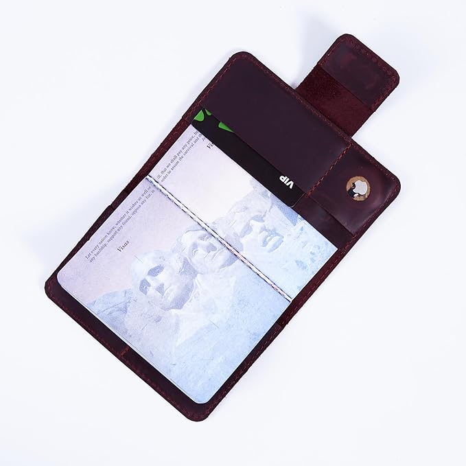 Passport Holder for Travel with AirTag - Passport Wallets Compatible with Airtag Passports Cover with Card Slots & Note Compartment, Magnetic Closure, Genuine Leather Crazy Horse, Vintage Burgundy