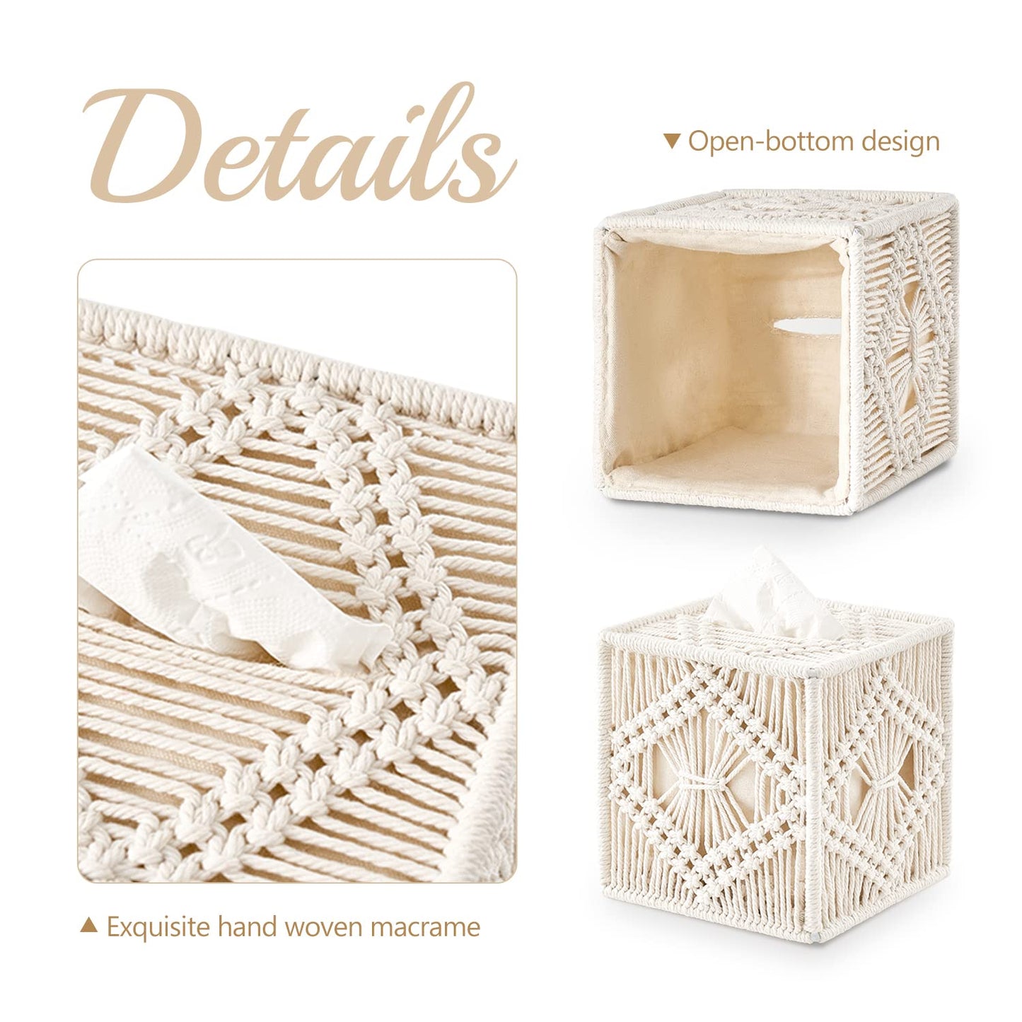 Mkono Tissue Box Cover Macrame Square Open-Bottom Tissue Box Holder Boho Decor Tissue Organizer Bohemian Handmade Woven Tissue Cube Box for Bathroom Bedroom Dresser Living Room Office Dorm, Ivory
