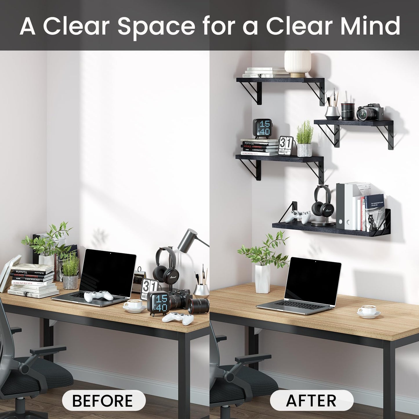 BAYKA Wall Mounted Floating Bathroom Shelves, Wood Wall Shelf for Bathroom Essentials & Decor, Space-Saving Display & Organizer (Black, Set of 4)