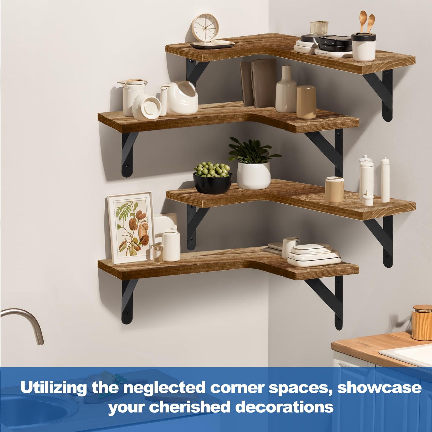 Jeffbaubl 4Pcs Corner Floating Shelves, L-Shaped Wall Mounted Shelf, Wall Mounted Wood Shelves for Storage and Decor, Rustic Wood Corner Shelf for Kitchen Living Room Bedroom, Light Brown