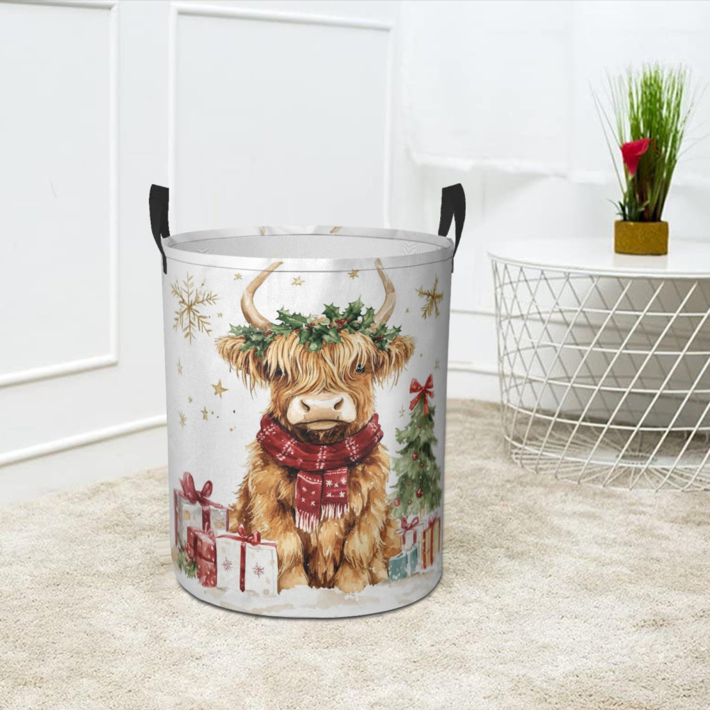 Christmas Highland Cow Laundry Basket Cute Animal Foldable Laundry Hamper with Handles Clothes Storage Bin for Household Bedroom Bathroom Dorms 17.3"x13.6"