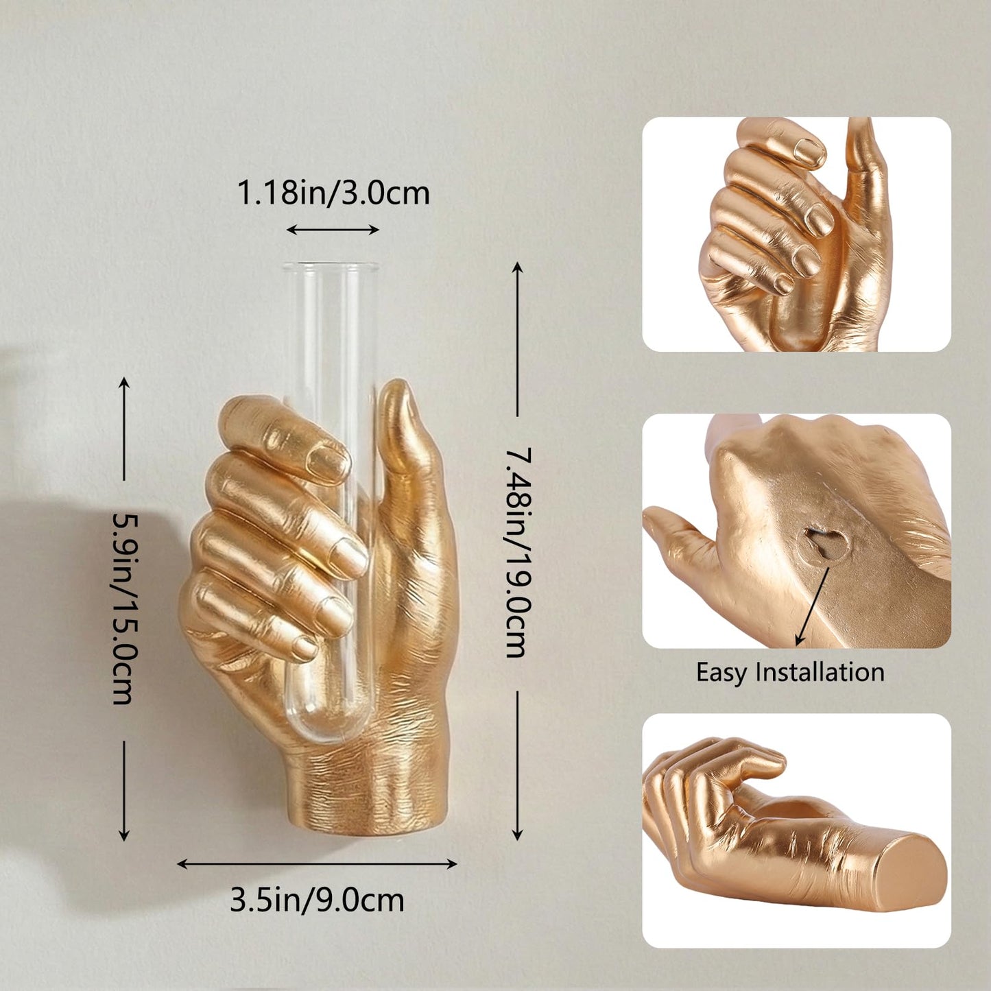 Gold Wall Art Decor Hand Vase, Unique 3D Wall Sculptures Mount Vases for Flowers, Contemporary Gallery Art Whimsical Home Indoor Outdoor Decor Accent, Dimensional Hand Sculpture, Glass Test Tube