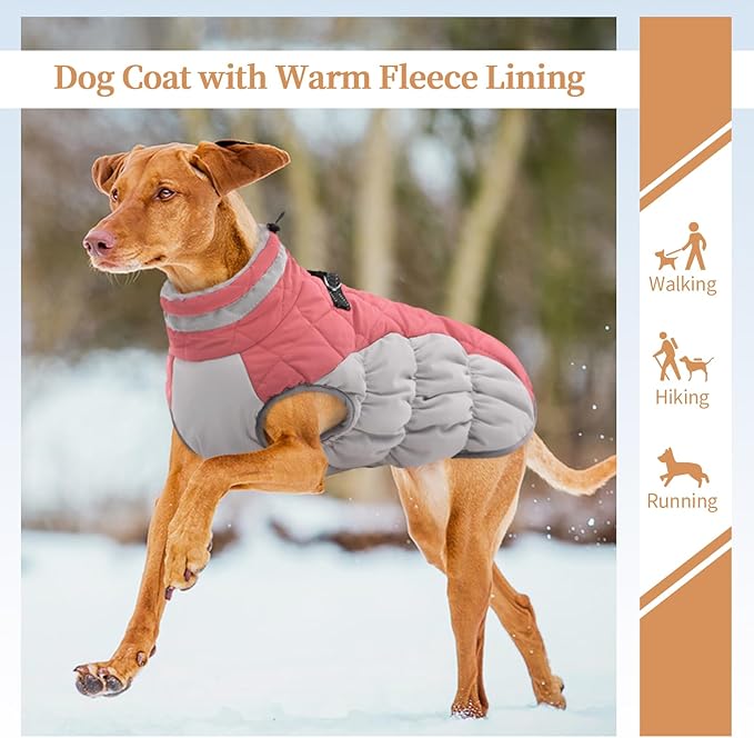 OUOBOB Large Dog Coat, XXLarge Dog Winter Coat, Waterproof Pet Jacket with Back Zipper,Extra Large Pet Coats, Warm Fleece Jacket with D-Ring, Windproof Winter Clothes Golden Retriever,Pink,XXL