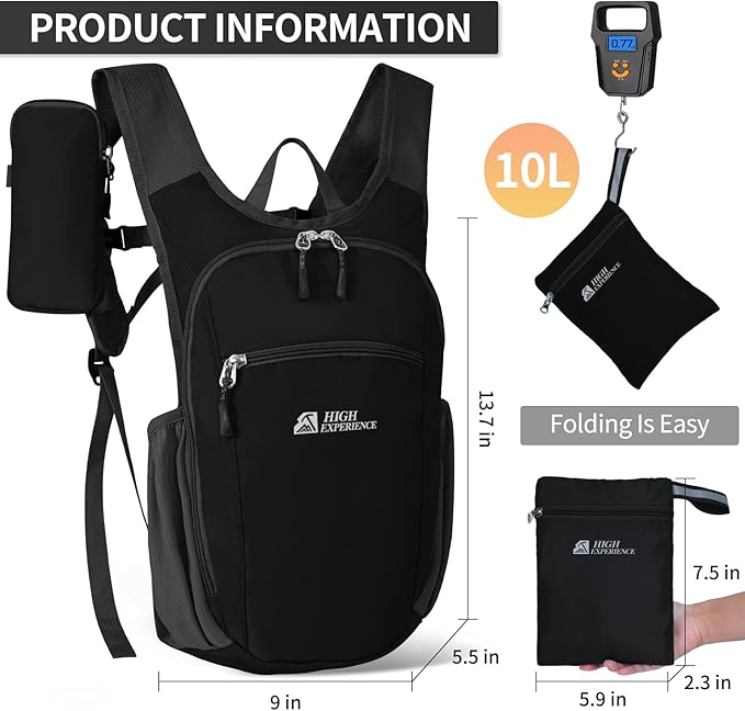 HIGH EXPERIENCE Hiking Backpack 10L/15L Small Daypack Lightweight Packable Travel Foldable Water Resistan for Women Men (Black, 10L)