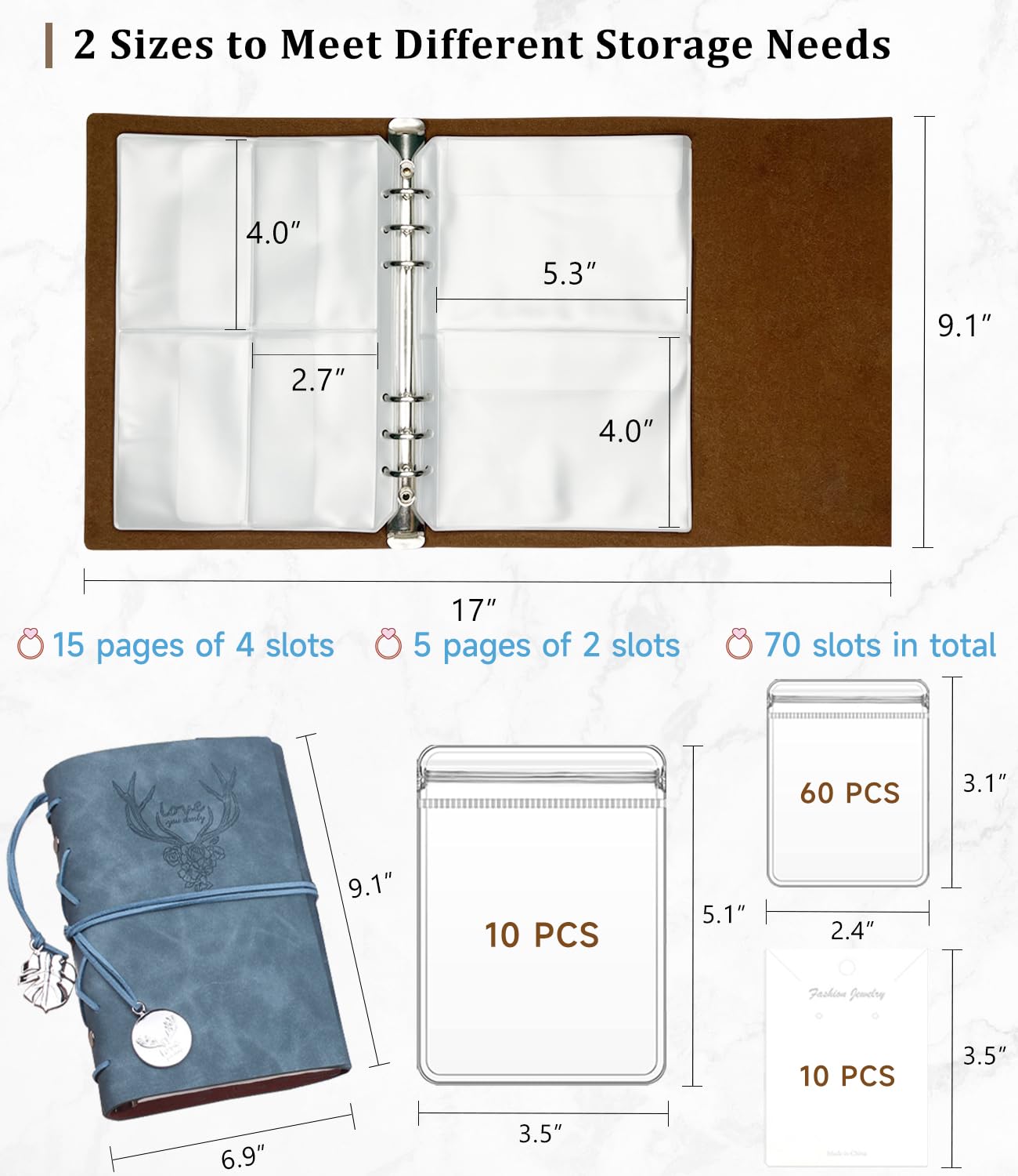 Jewelry Storage Book, PU Leather Travel Jewelry Organizer with Anti-drop Pockets, Portable Earrings Booklet with Transparent Jewelry Bags for Rings, Postcard(70 Grids+70 Anti Oxidation PVC Bags)
