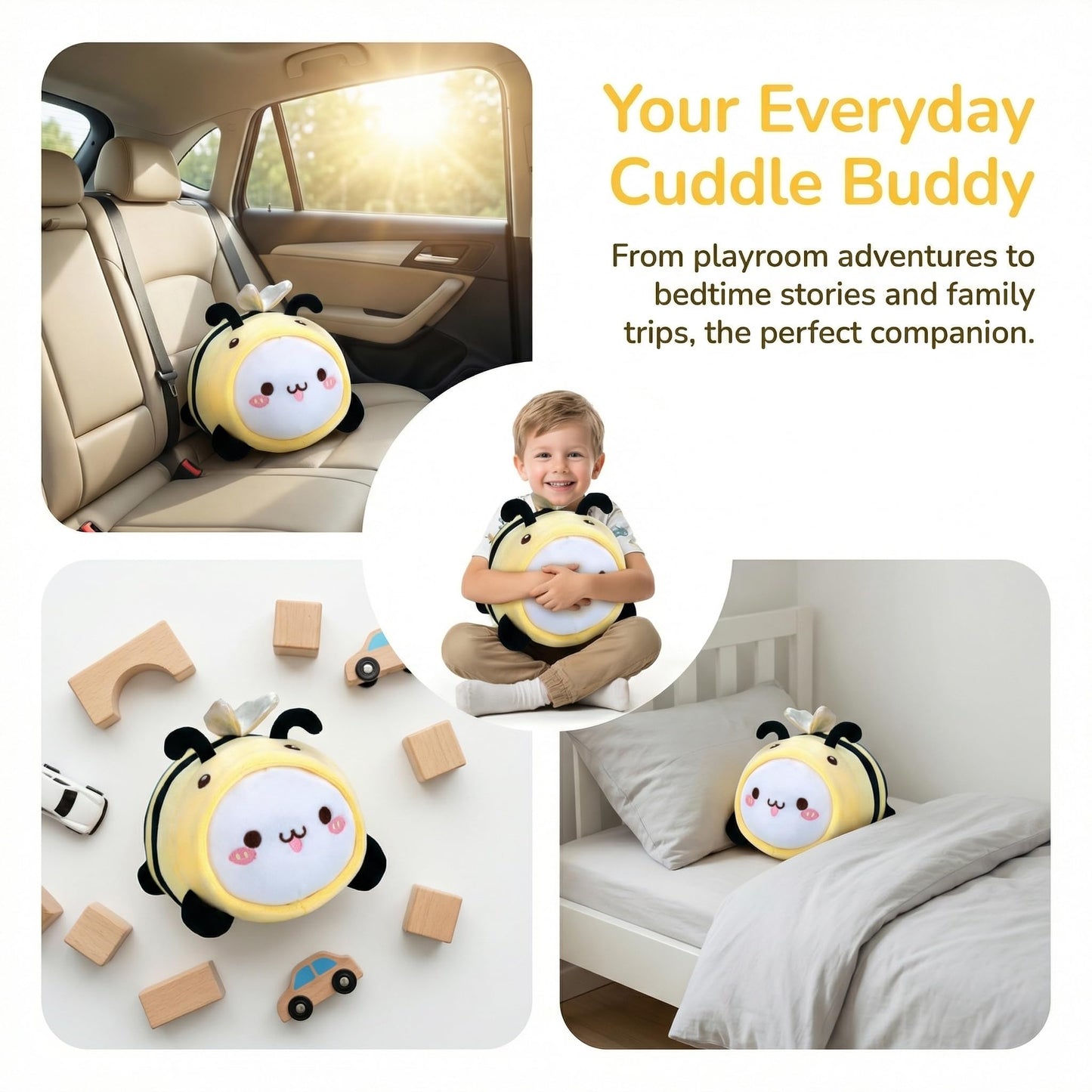 AIXINI 5 in 1 Plush Pillow Toys Set - Pink Salamander, Keji Pig, Bee, Strawberry, Panda, Cute Stuffed Animals Pillows for Kids, Soft Cartoon Bedroom Decor Gifts (bee, Medium Size)