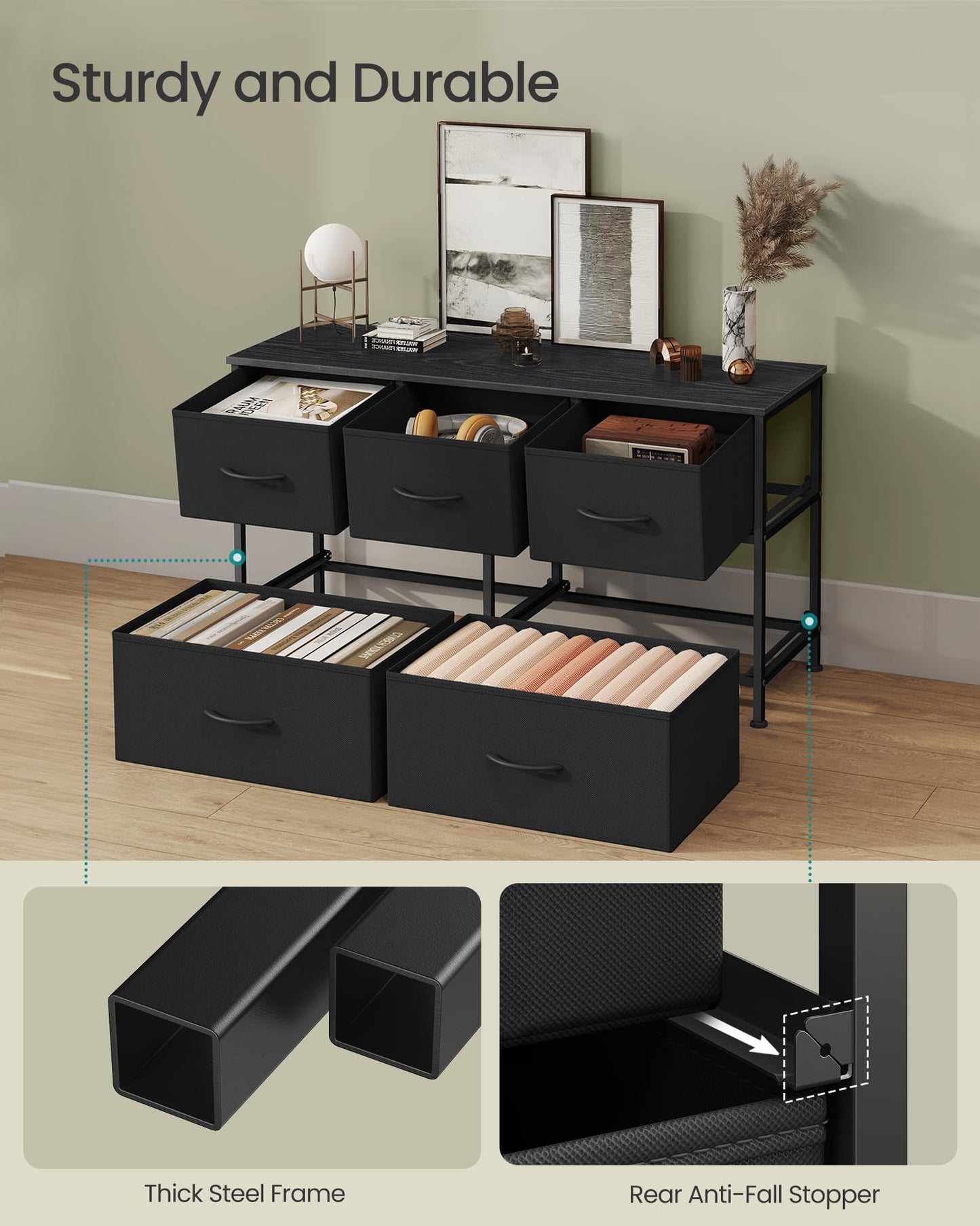 SONGMICS BELLAH Collection - Dresser for Bedroom, Chest of Drawers, Storage Organizer Unit, Closet, Entryway, Steel, 5 Drawers, Modern, Ink Black and Ebony Black ULGS322B01S
