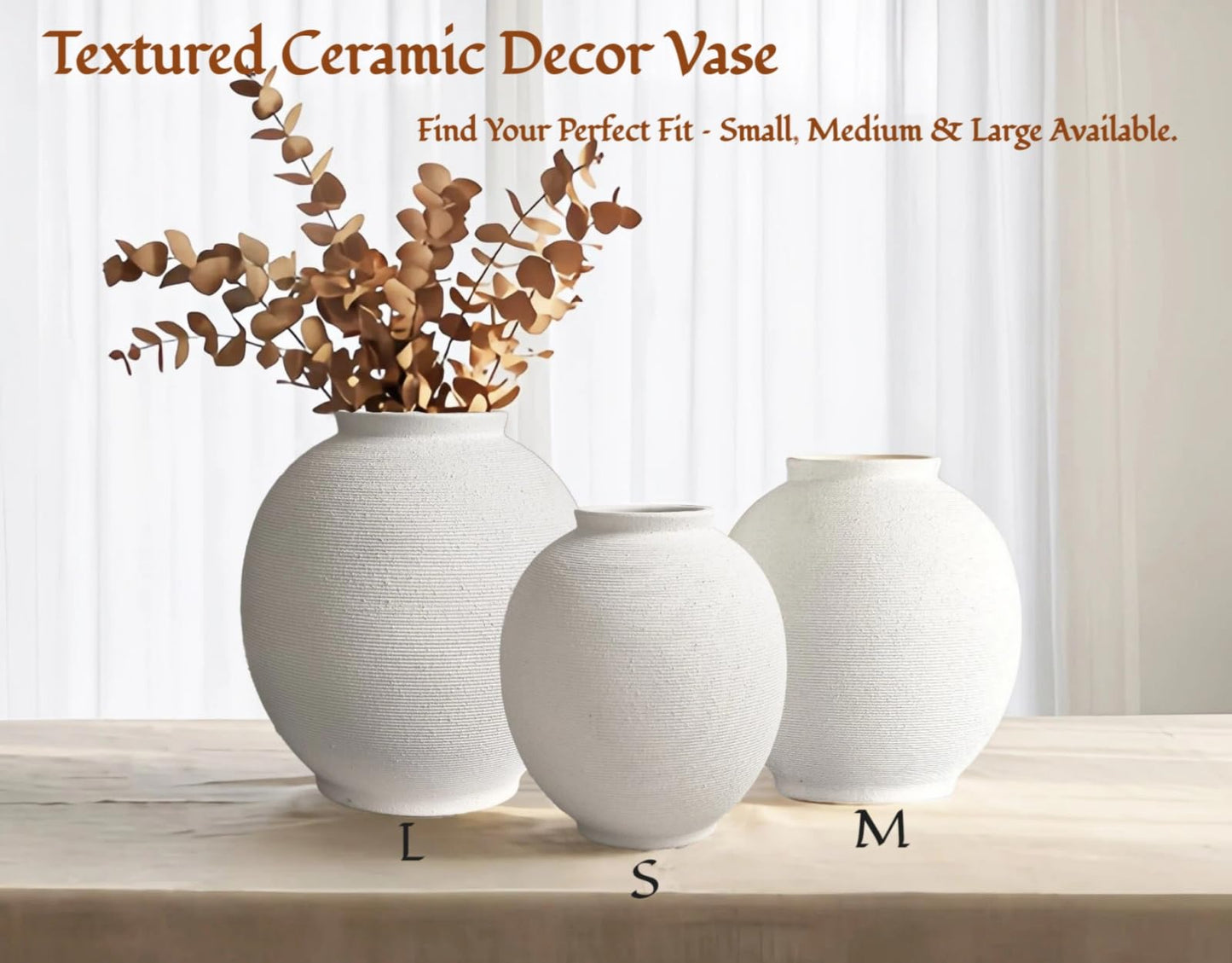 White Ceramic Vase, 9.8" Large, Round, Sandstone White