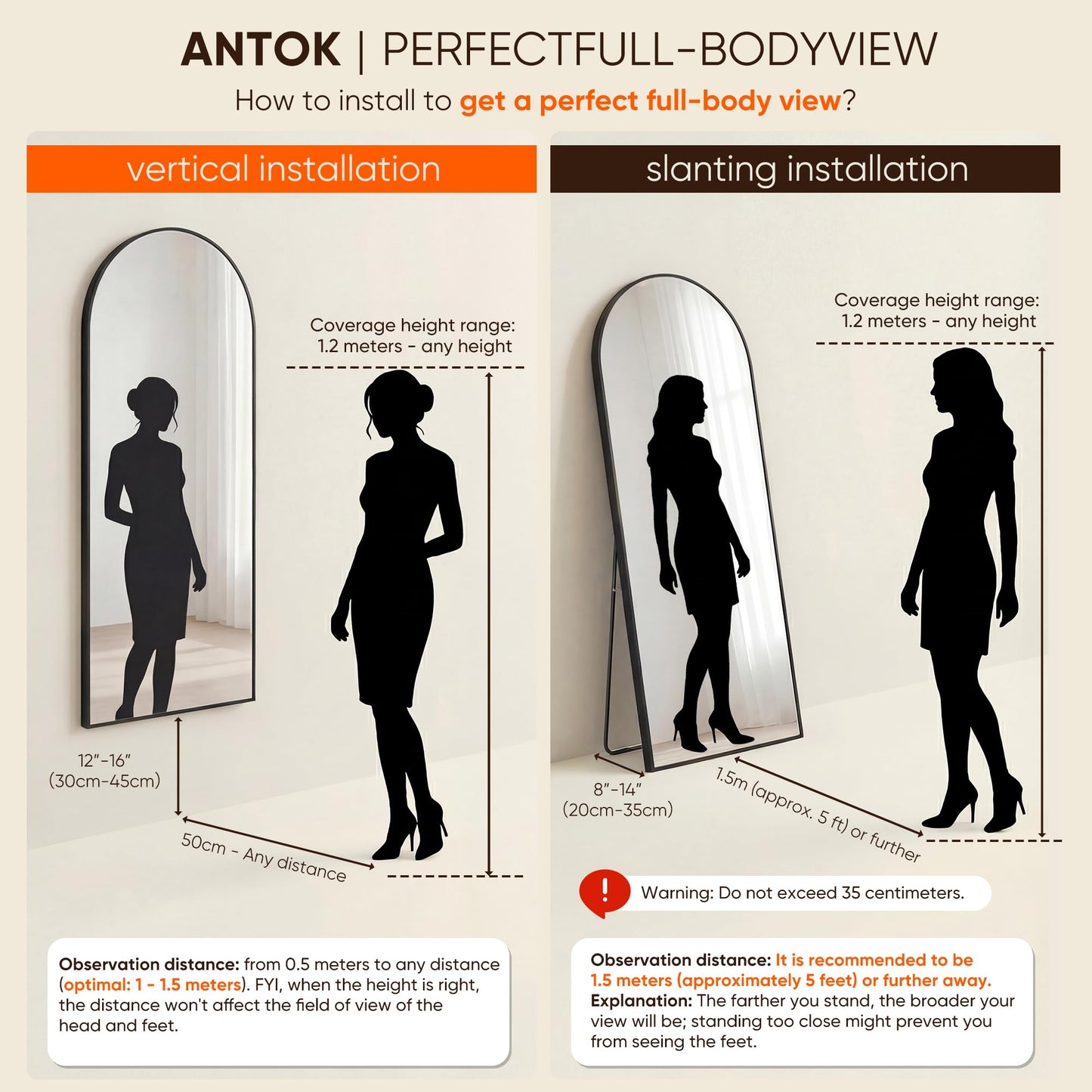 Antok 71" x28” Arched Full Length Floor Mirror, Black Aluminum Frame, Free Standing/Wall Mount/Leaning for Bedroom, Living Room, Dressing Room