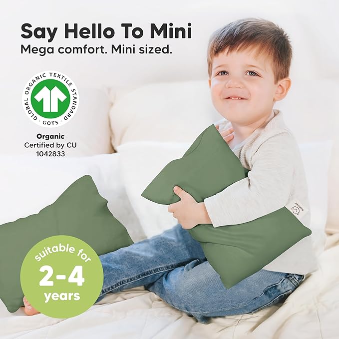 Mini Toddler Pillow with Pillowcase - 9x13 My Little Dreamy Travel Kids Pillow for Sleeping, Toddler Bed, Small, Tiny, Organic Cotton Pillowcase, Soft & Breathable, Kids 2-4 Years Old (Jungle Green)