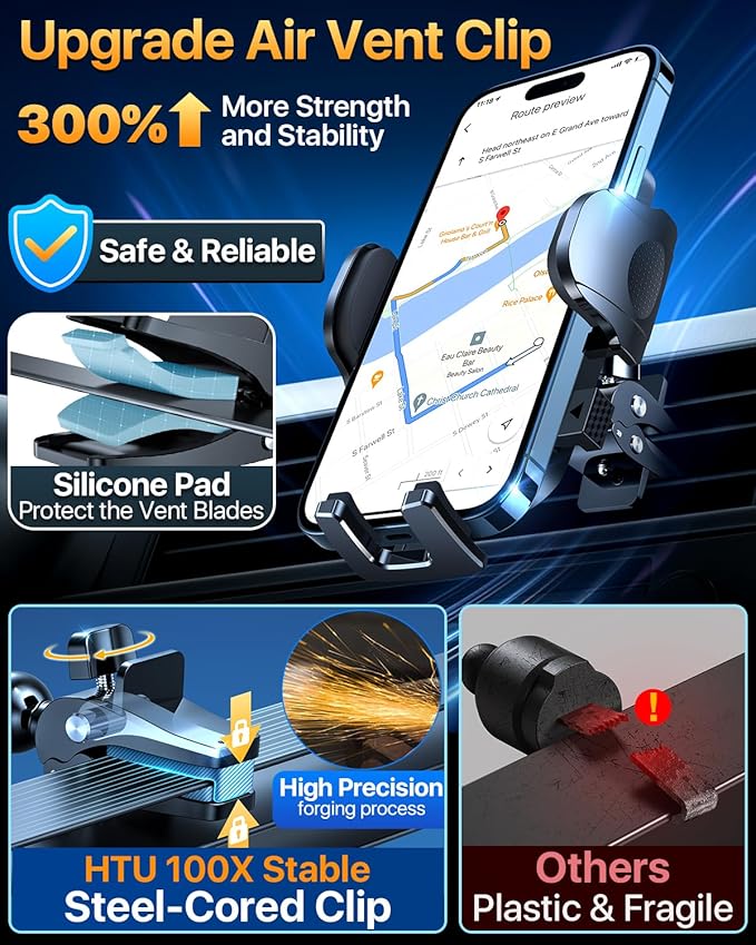 HTU 𝟐𝟎𝟐𝟔 𝐔𝐩𝐠𝐫𝐚𝐝𝐞𝐝【True Military-Grade】 Car Phone Holder【Safety Certs & No Smell】 Cell Phone Holder for Car Mount for Dashboard Windshield Air Vent Long Arm Thick Case,Red