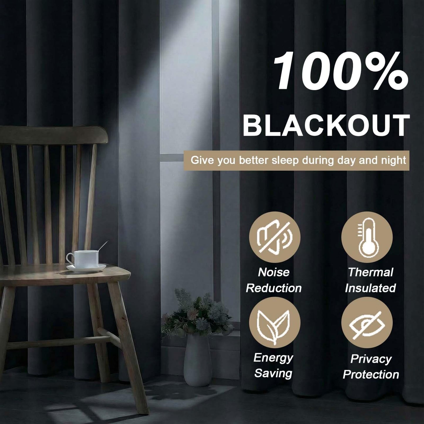Ebesto 100% Blackout Curtains for Bedroom - Solid Thick Fabric Grommet Thermal Blackout Curtains, Charcoal Grey Window Drapes for Living Room, Noise Reduction, 2 Panels, 2x52Wx90L Inches