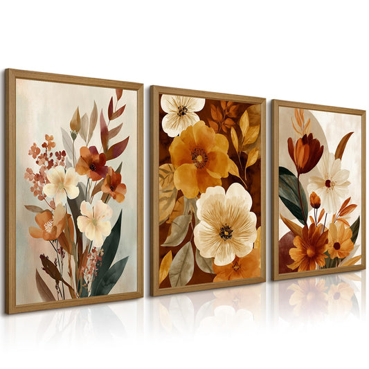 Boho Flower Wall Art Vintage Abstract Floral Prints Botanical Canvas Wall Decor Flower Farmhouse Pictures Fall Plant Poster Rustic Autumn Floral Artwork for Bedroom Living Room 16x24x3 Inch Framed ﻿