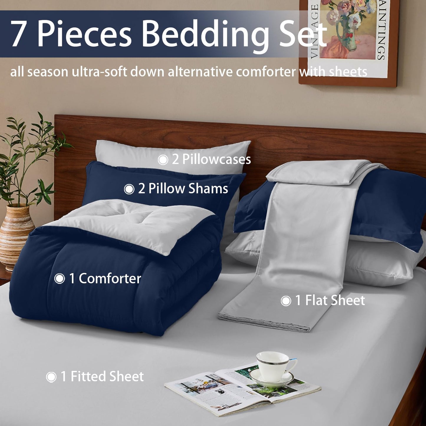 FUANNA Queen Comforter Set 7 Pieces, Reversible Bed in a Bag with All Season Soft Comforter, Bedding Sets Includes Comforter, Flat Sheet, Fitted Sheet, Pillowcases & Shams, Navy Blue & Light Grey