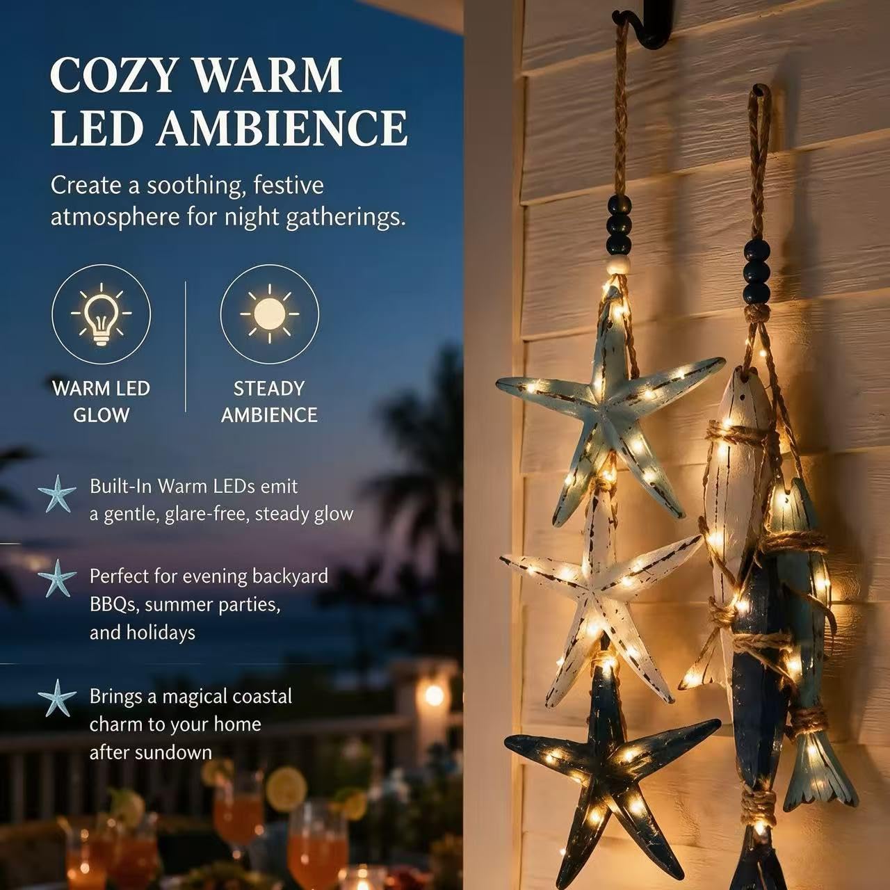 Lighted Coastal Wooden Fish Wall Decor for Bathroom Porch Beach House
