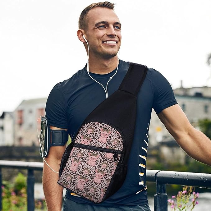 SWEET TANG Sling Backpack for Women, Cute Multipurpose Crossbody Shoulder Bag, Comfortable and Lightweight Adjustable Travel Hiking Daypack Cute Pig Leopard Print Pink