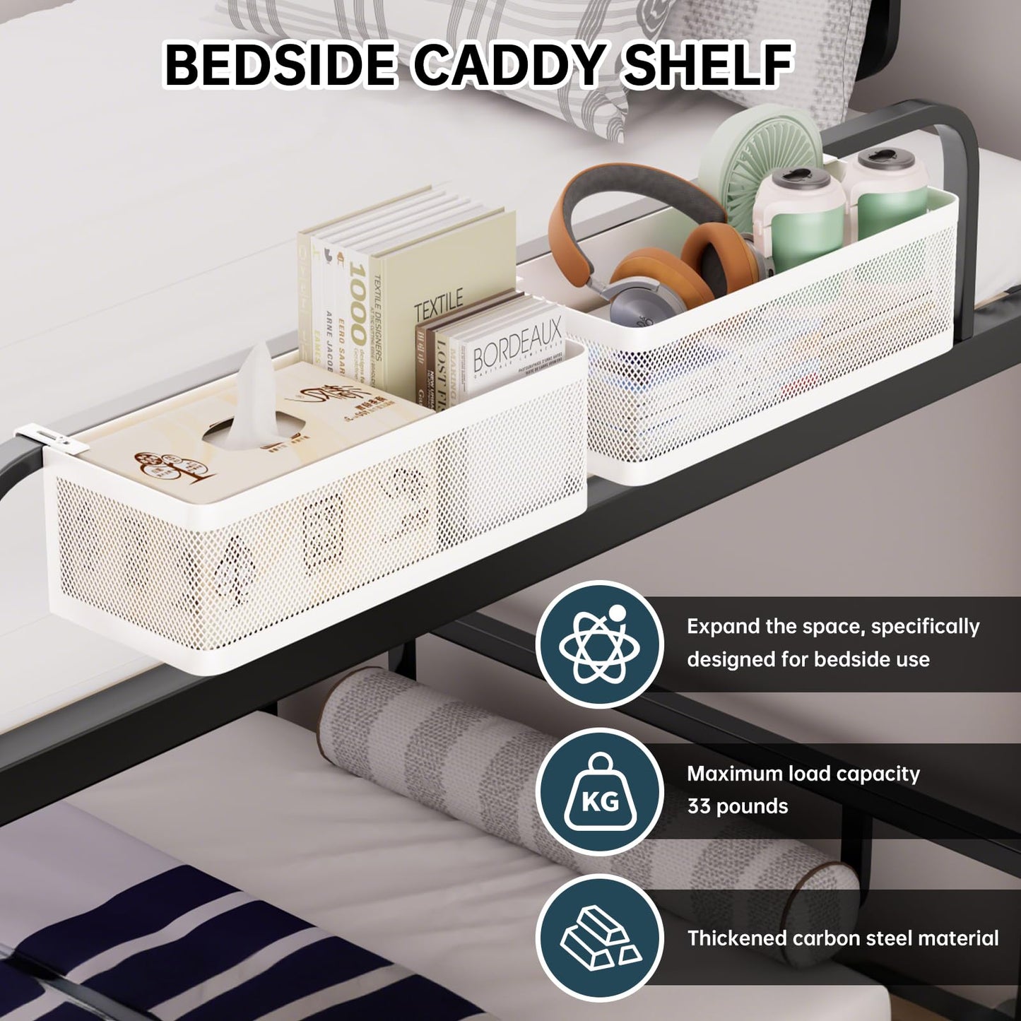 WOCUBEHOME Bedside Caddy Shelf for Bunk Bed & Dorm, Adjustable Bunk Bed Caddy Holder for Top Bunk, Rails, Cribs, Bedside Shelf Organizer for Phone/Books/Drinks (White, L(L11in*W4.9in*H3.93in))