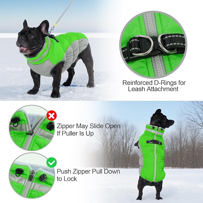 OUOBOB Warm Dog Jackets for Large Dogs, Waterproof Dog Coat with Harness Built in, Zipper Clousure, Fleece Lining for Cold Weather Outdoor Walks, Pet Snowsuit for Shiba Inu, French Bulldog - L