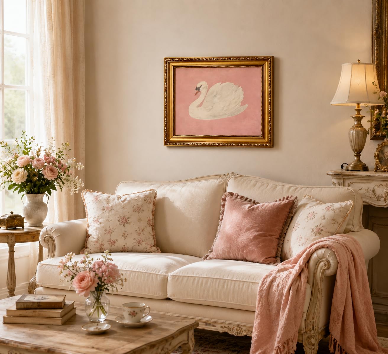 FKRYTYB Vintage Gold Framed Classical Pink Swan Canvas Wall Art, 11x9in