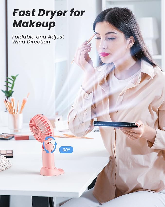 coldSky Portable Handheld Fan, 4000mAh Battery Operated with LED Display, Handheld/Neck/Desk 3 in 1 Personal Small Fan, 90° Foldable Desk Fan with Base, 5 Speed Lash Makeup Fan for Women