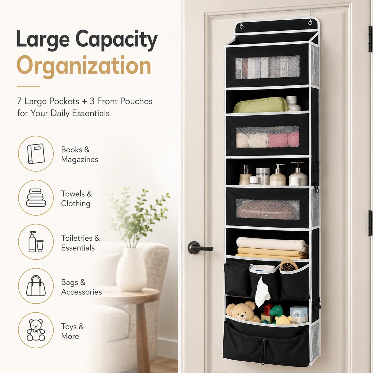 1 Pack Over The Door Organizer Storage, Hanging Organizer Closet with 5 Large Pockets 6 Mesh Pockets, 50 lbs Weight Capacity, Behind Door Storage for Closet Nursery Bedroom Bathroom (Black)