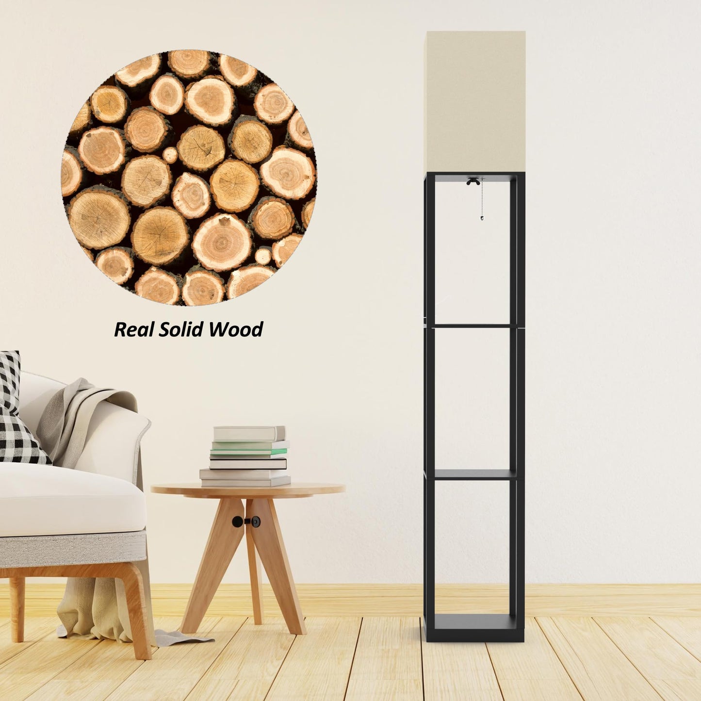 Befancy Floor Lamp with Solid Wood Shelves for Living Room, 3-Tier Shelf Standing Lamp with LED Bulb and Pull Chain Switch, Corner Display Bookshelf Lamp for Living Room and Bedroom(Black)