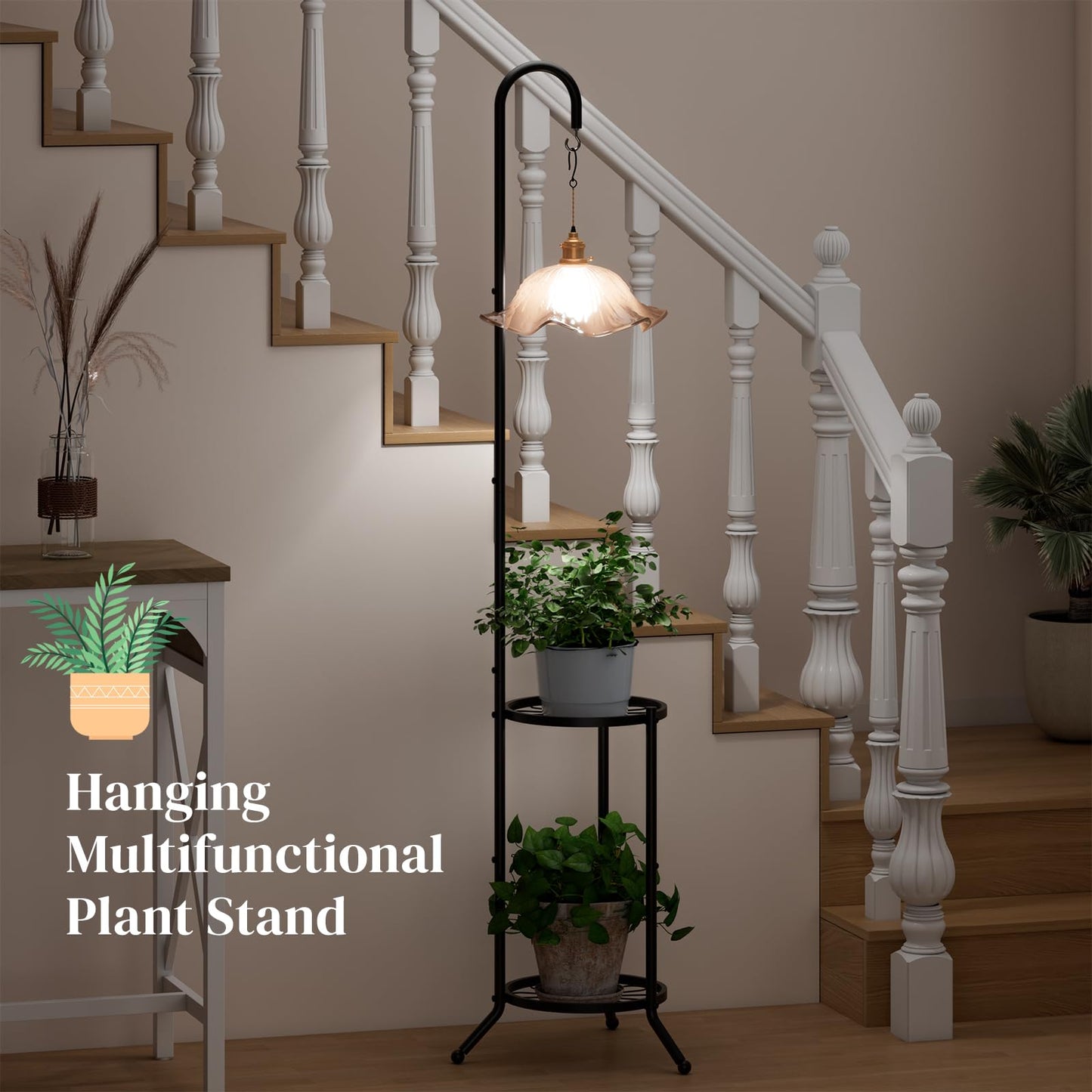 PULIJIAJU 2-Tier Metal Plant Stand with Hanging Hook, Space-Saving Iron Plant Shelf, Heavy Duty Corner Plant Stand ,Planter Holder for Bedroom Balcony Living Room Patio Garden(Hook Style)