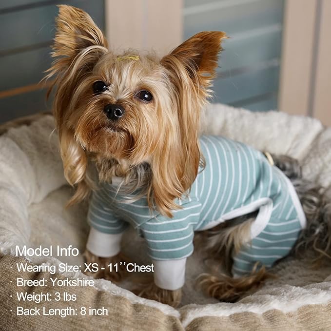 KYEESE Dog Pajamas Soft 4 Legs Doggie Jammies Striped Dog PJS Pet Jumpsuit Lightweight Puppy PJS Clothes Breathable Pajamas Stretchable Outfit Cozy Onesie Sleepwear for Summer, Green Striped, Small