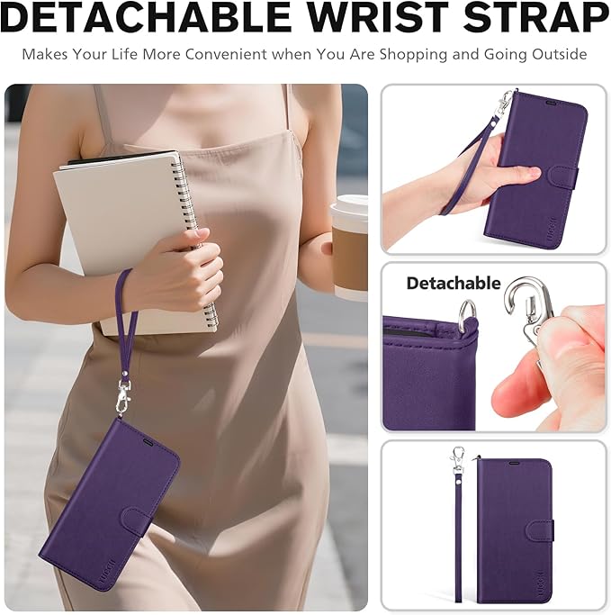 TUCCH Case Wallet for iPhone 17 Pro Max (6.9") 2025, Wrist Strap, Stand, RFID Blocking, 4 Card Holder, TPU Shockproof Inner Shell, PU Leather, Magnetic Folio Protective Cover, Deep Purple