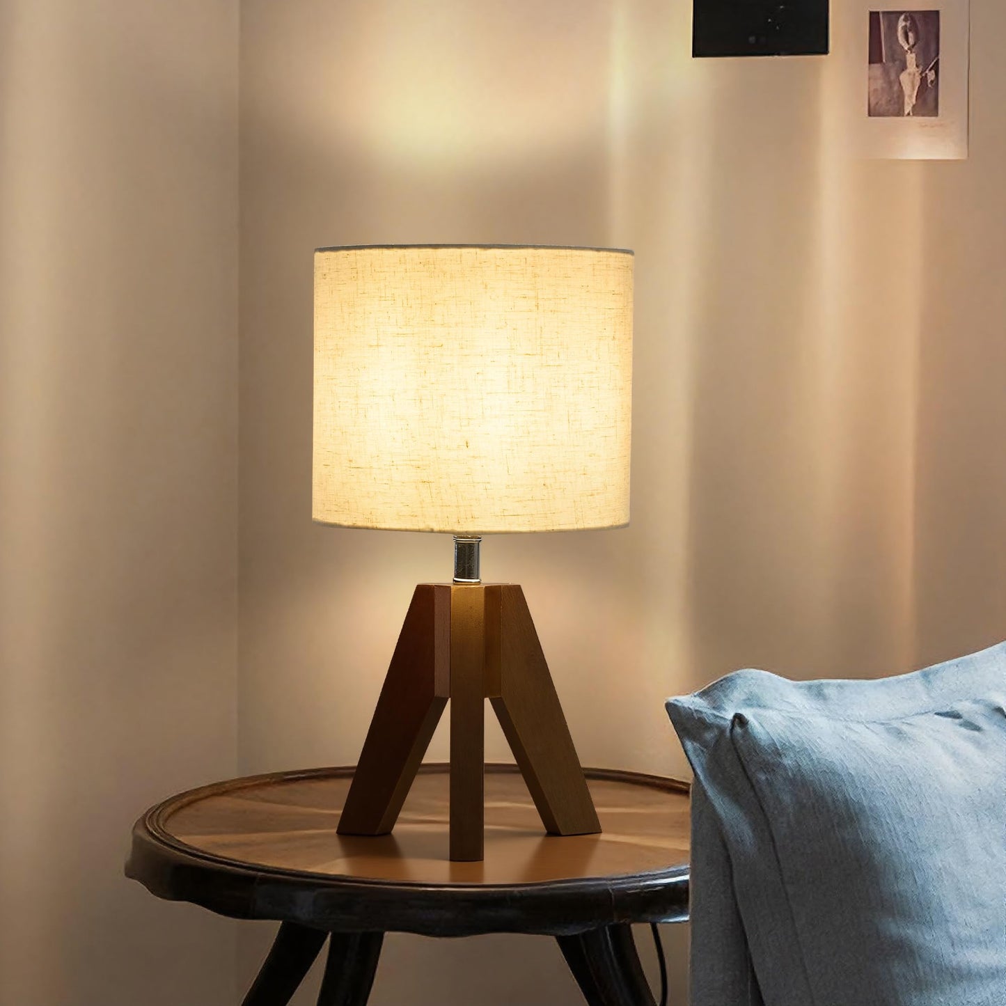 Booniture Set of 2 Tripod Table Lamps,Stepless Dimmable Small Bedside Lamps with Beige Linen Shade, Boho Modern Nightstand Lamps for Bedroom Living Room Office,E26 Socket, Walnut