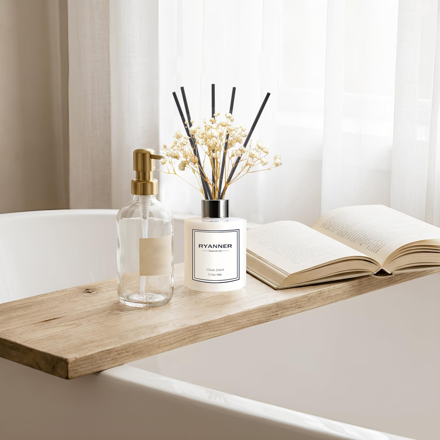 RYANNER Reed Diffuser Set,5.1 fl oz Clean Linen Scent Diffuser with Sticks Home Fragrance Reed Diffuser with Essential Oil for Bathroom Shelf Decor&Air Freshener,Home Bathroom Office Decor & Gifts