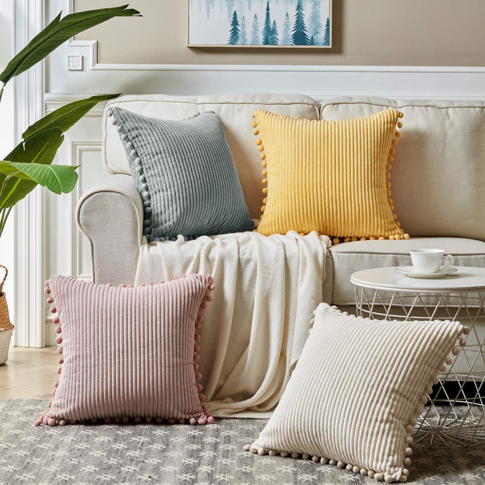 Fancy Homi Pack of 2 Corduroy Soft Decorative Throw Pillow Covers with Pom-poms, Solid Square Cushion Case Pillow Cases Set for Couch Sofa Bedroom Car Living Room (24x24 Inch/60x60 cm, Cream)