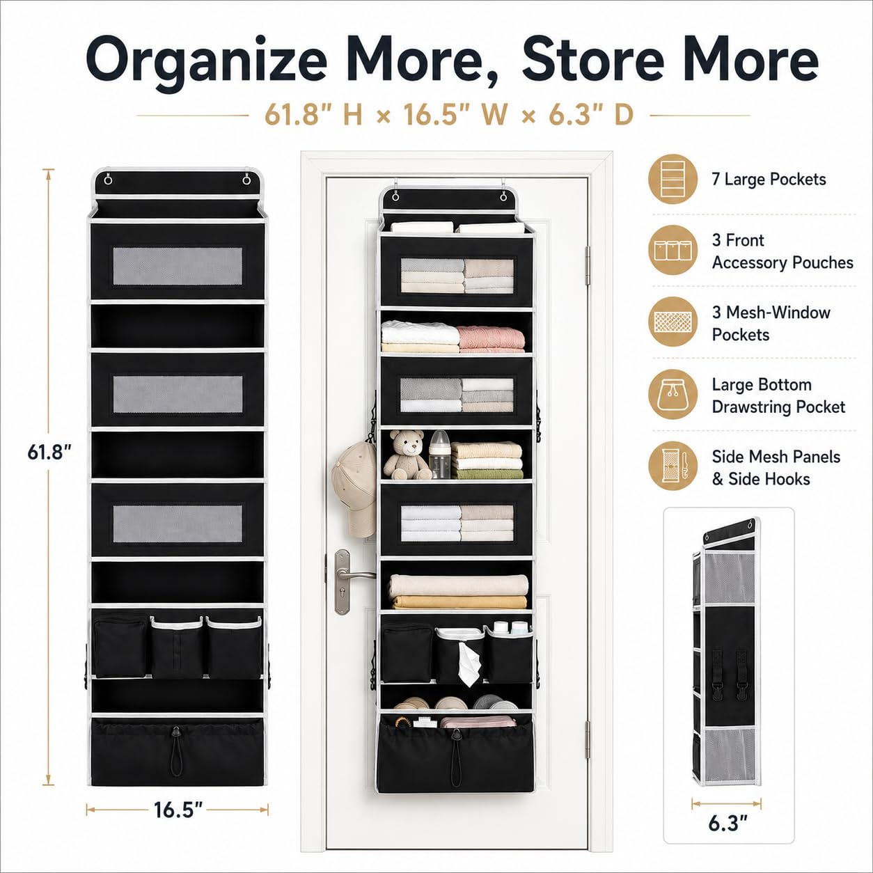 1 Pack Over The Door Organizer Storage, Hanging Organizer Closet with 5 Large Pockets 6 Mesh Pockets, 50 lbs Weight Capacity, Behind Door Storage for Closet Nursery Bedroom Bathroom (Black)